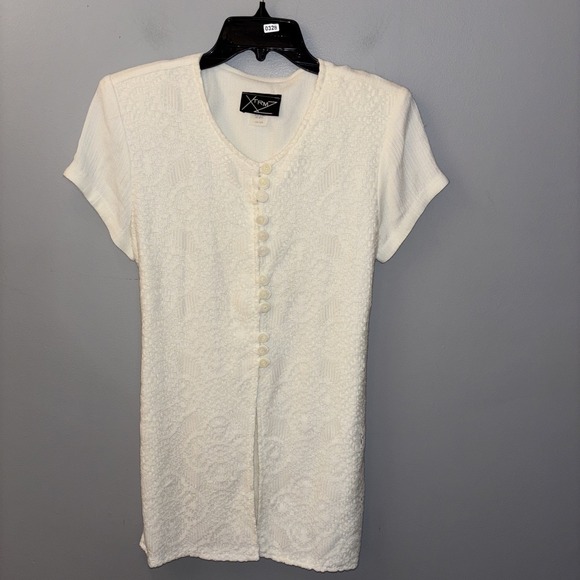 VTG White Crochet Tunic Top Short Sleeve Tie Back Cottagecore 90's Boho Sz  9/10 - Picture 1 of 12